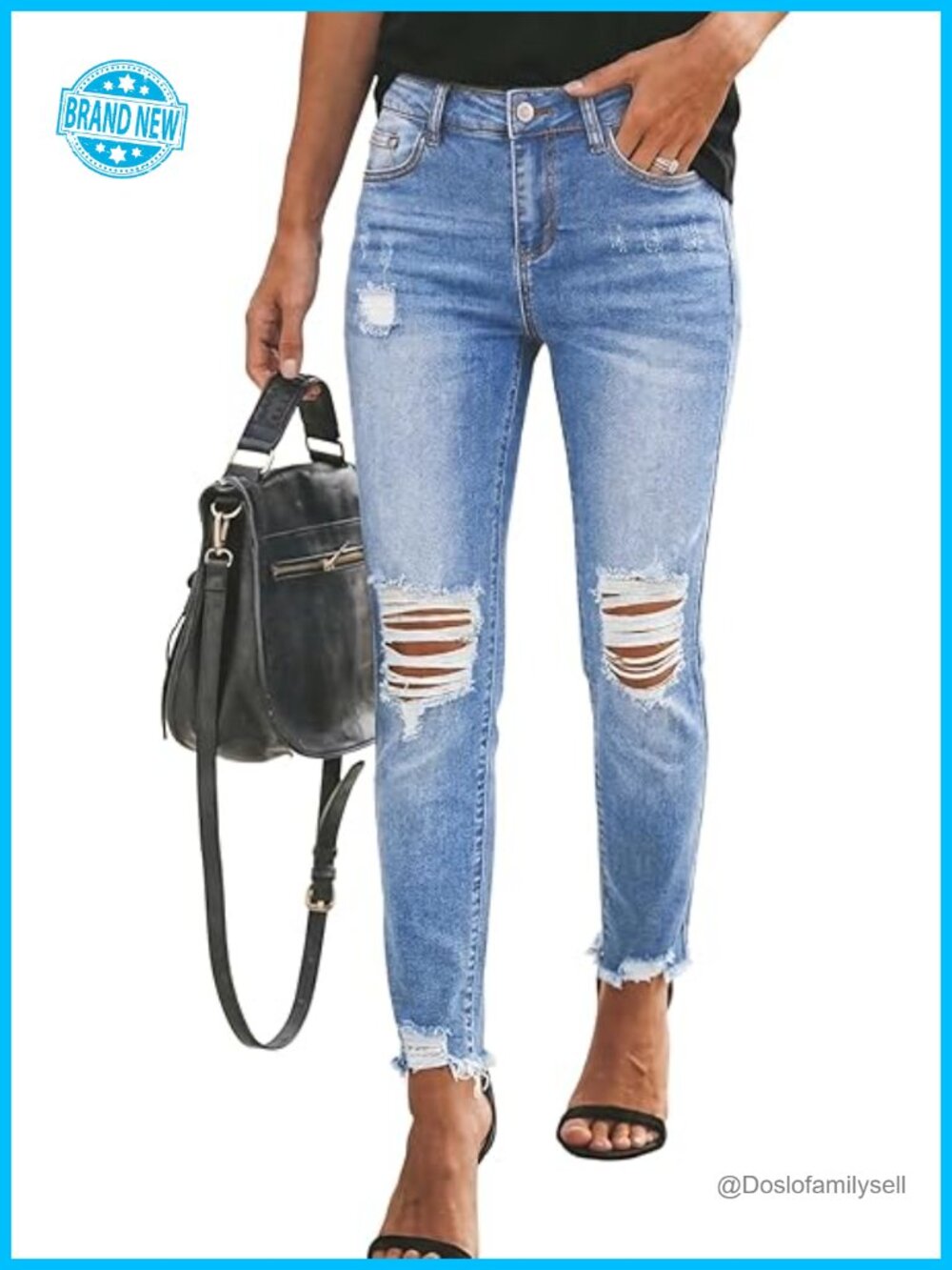 Women's Boyfriend Jeans Stretchy Ripped Distressed Denim Pants Straight Leg